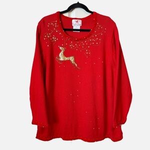 Quacker Factory Christmas Holidays Sweater with Beaded Gold Reindeer Size 2X